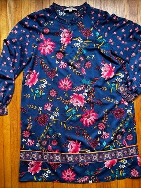LOFT Navy Floral Button-Front Dress with Vibrant Print